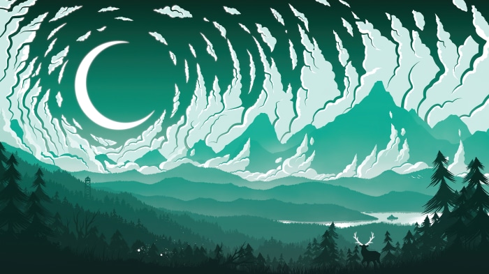 Minimalist forest scenery with moon and clouds 4K