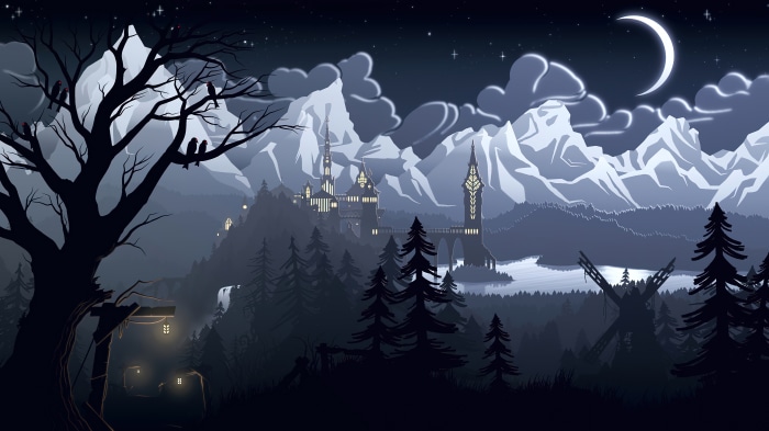 Minimalist castle in a dark forest at night 4K