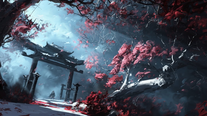 Japanese Shrine Gate with Cherry Trees in Digital