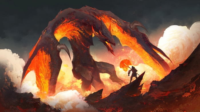 Lava Dragon and Warrior in Volcanic Landscape 4K