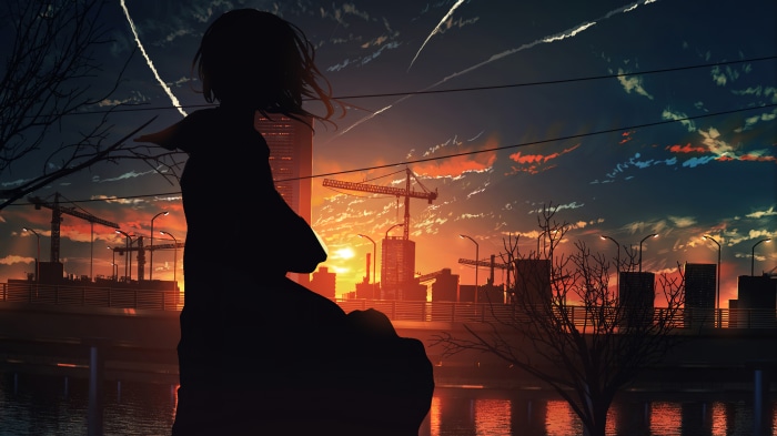 Anime girl silhouette at sunset over city with cranes 4K