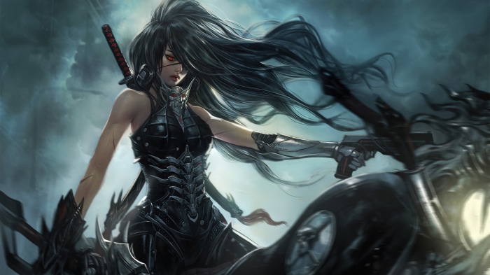 Fantasy girl with sword and gun on motorcycle 4K