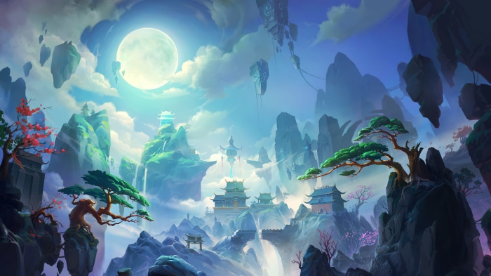 Fantasy floating mountains with full moon and pagodas 4K