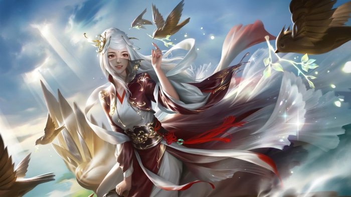 Fantasy girl with white hair and birds