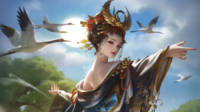 Fantasy art of a beautiful woman with cranes 4K
