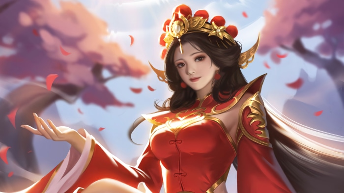 Fantasy girl in red and gold attire with flower petals