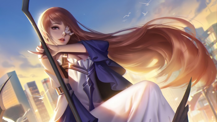 Anime girl with scythe in city