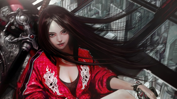 Anime Girl in Red Jacket with Sword 4K