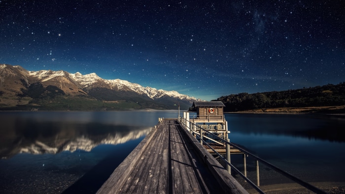 Wooden Pier and Mountains under Starry Night Sky, New Zealand 4K