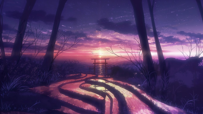 Anime sunset over the ocean with torii gate
