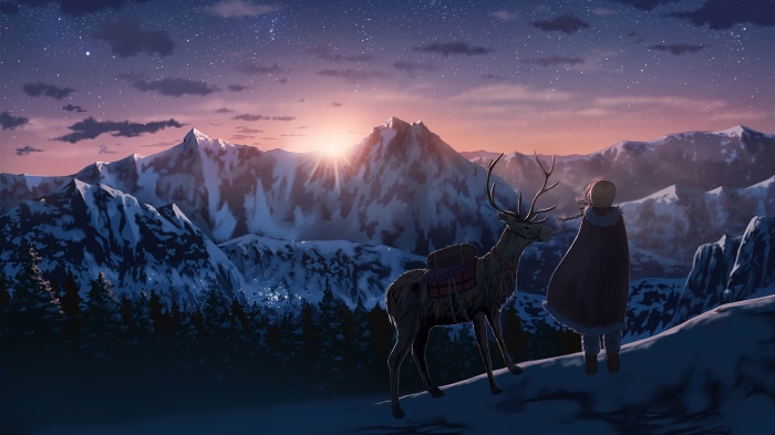 Anime girl and reindeer in snowy mountains at sunrise 4K