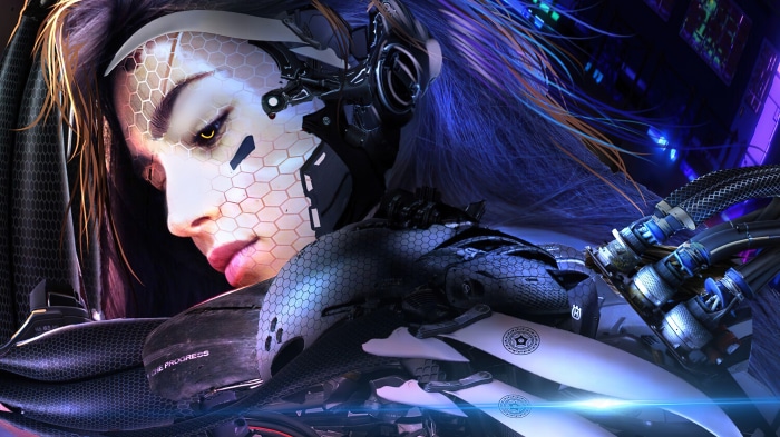Sci-fi cyber soldier girl in suit 4K