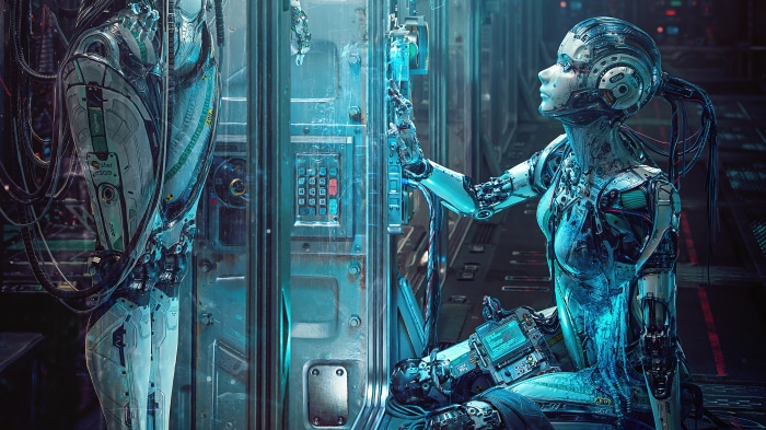 Sci-fi cyborgs in a futuristic laboratory 4K