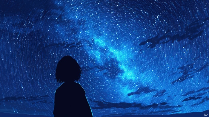 Anime girl silhouette looking at starry night sky 4K