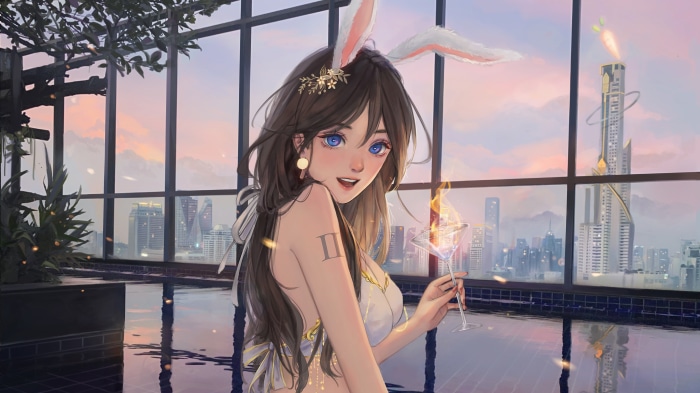 Anime Girl in Bunny Ears with Cocktail by Pool