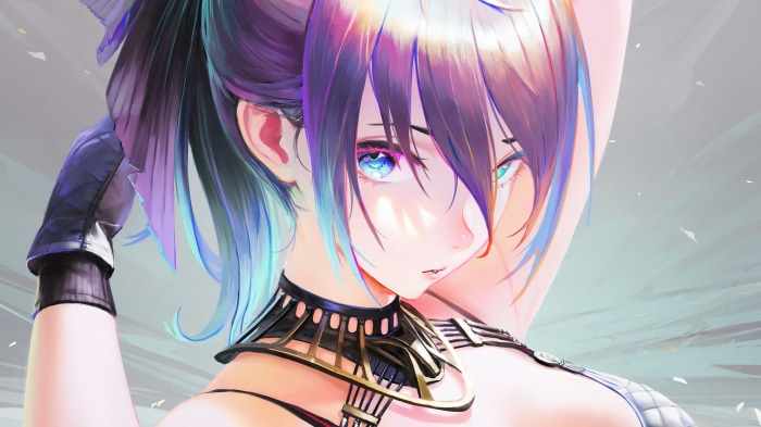Anime girl with colorful hair and blue eyes 4K