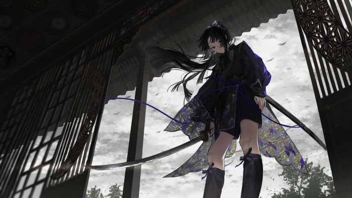 Anime girl with katana in traditional Japanese setting