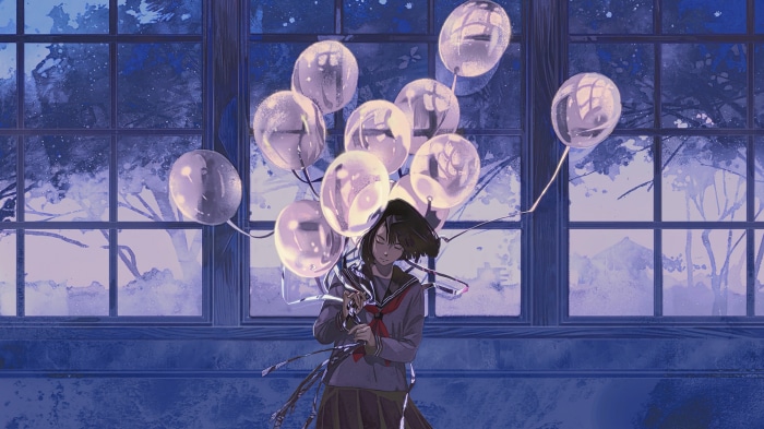 Anime girl with balloons in window 4K