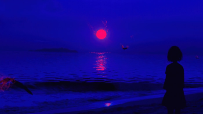 Anime girl silhouette at sunset beach 4K