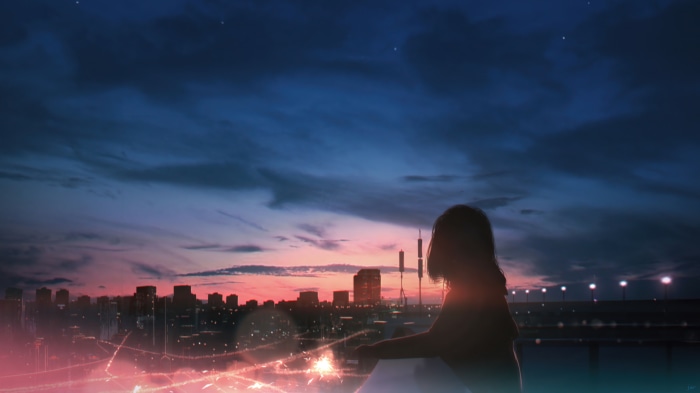 Anime girl silhouette overlooking city at sunset 4K