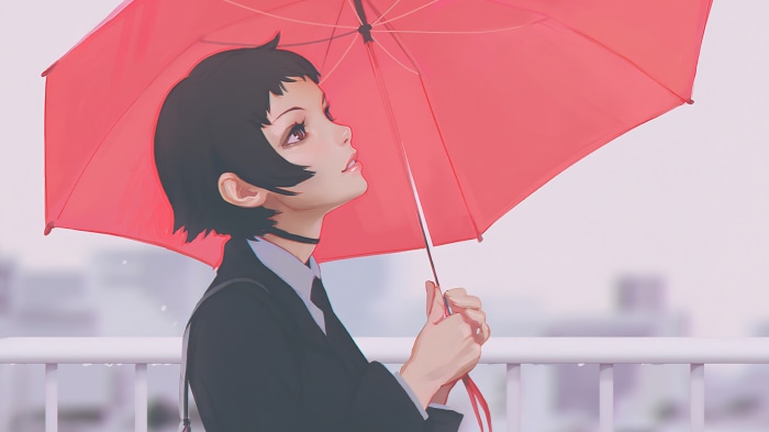 Anime girl with short hair holding a red umbrella in 4K