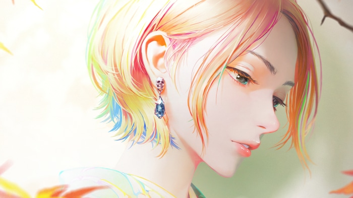 Anime girl with short blonde hair and colorful streaks
