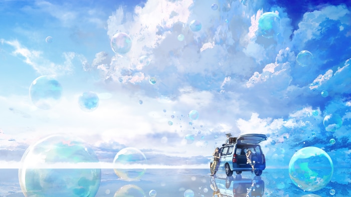 Anime scenery with bubbles and a van