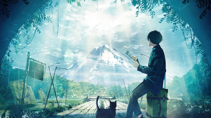 Anime Boy Traveling with Cat in Scenic Landscape