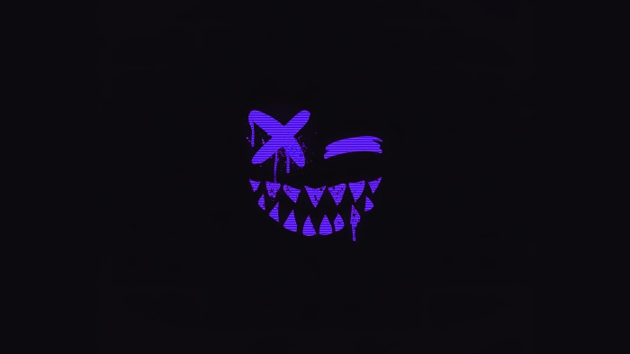 Scary purple smiley face with glitch effect