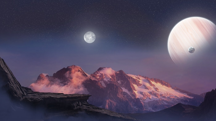 Mountain landscape with planets and moon at night 4K