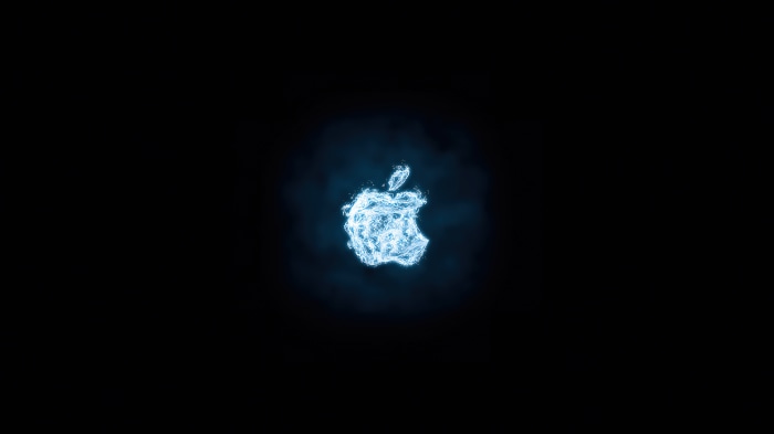 Apple logo made of blue light on black background 4K