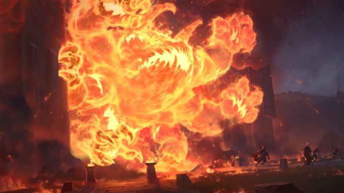 Fire Elemental attacking Noxus in Legends of Runeterra 4K