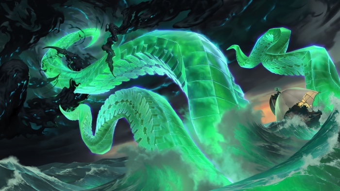 A giant green kraken attacks a ship in Legends of Runeterra