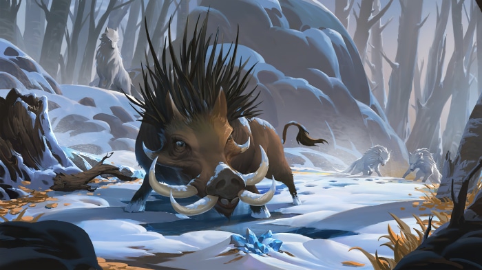 Boar and wolves in a snowy Freljord landscape from Legends of Runeterra