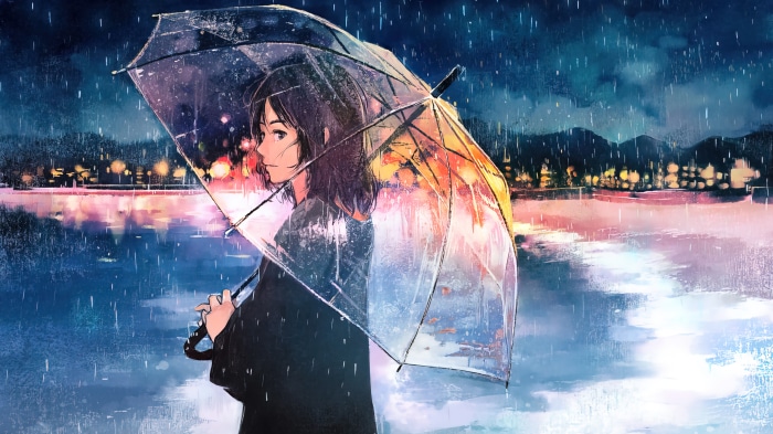Anime girl with umbrella in the rain
