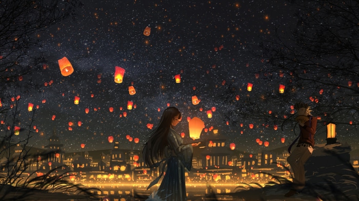 Anime girl and boy releasing sky lanterns at night