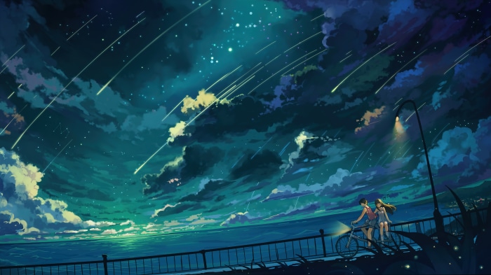 Anime couple biking under a starry night sky with shooting stars