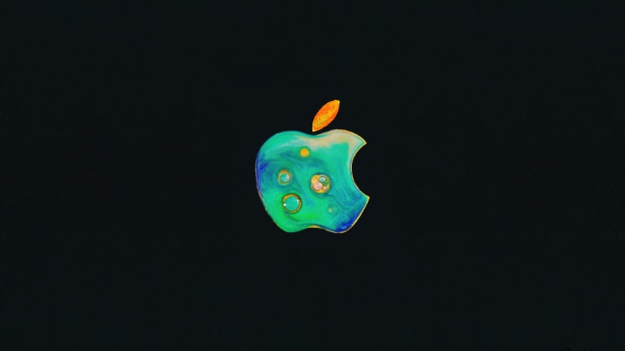 Apple logo with cyan and orange colors on black background 4K