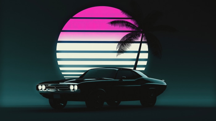 Vintage muscle car with palm tree and retrowave sunset