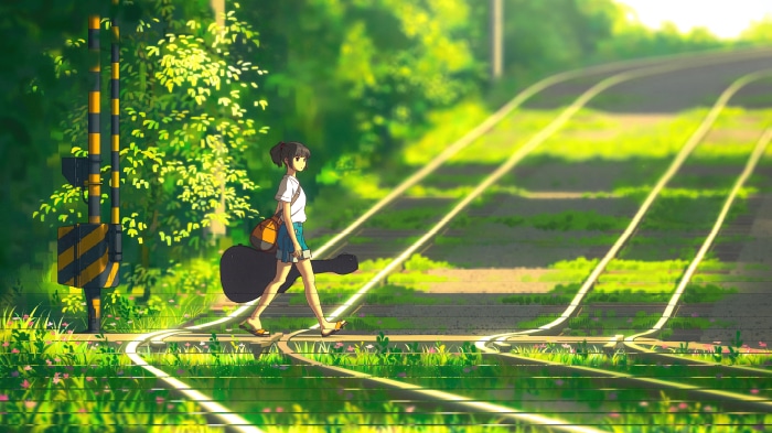 Anime Girl with Guitar Walking Across Train Tracks