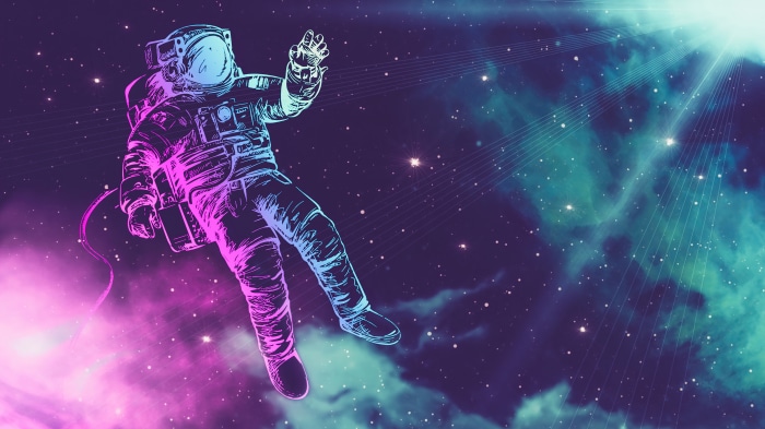 Neon Astronaut Floating in Colorful Nebula