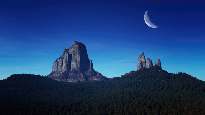 Mountains and forest under a crescent moon in the sky 4K