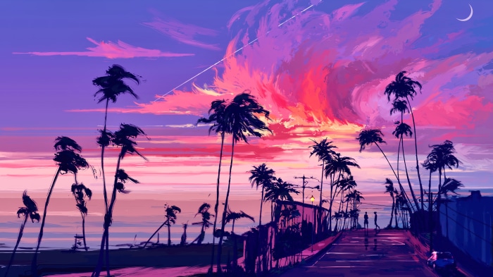 Digital art illustration of a sunset over a beach with palm trees