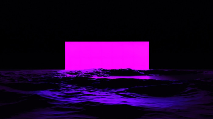 Digital art of a neon pink rectangle over purple waves 4K