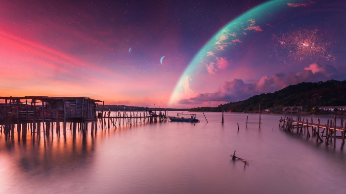 Digital art of a planet over a sea at sunset 4K
