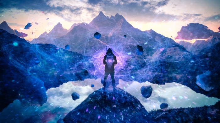 Man with energy powers in mountains 4K