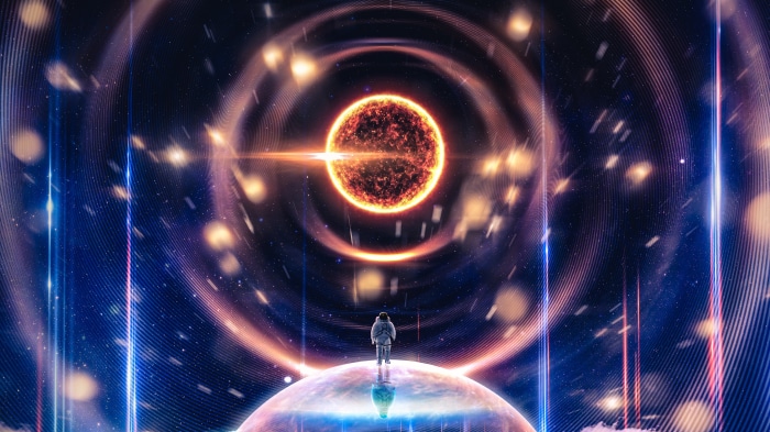 Astronaut on a planet looking at the sun in space 4K