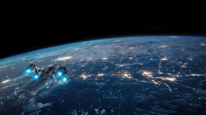 Spaceship flying over Earth at night 4K