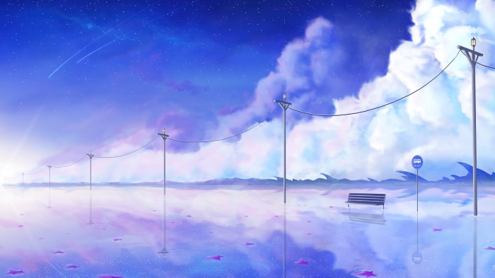 Anime sky with reflections and telephone poles