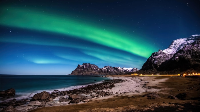 Aurora Borealis over Lofoten Islands Beach, Norway 4K